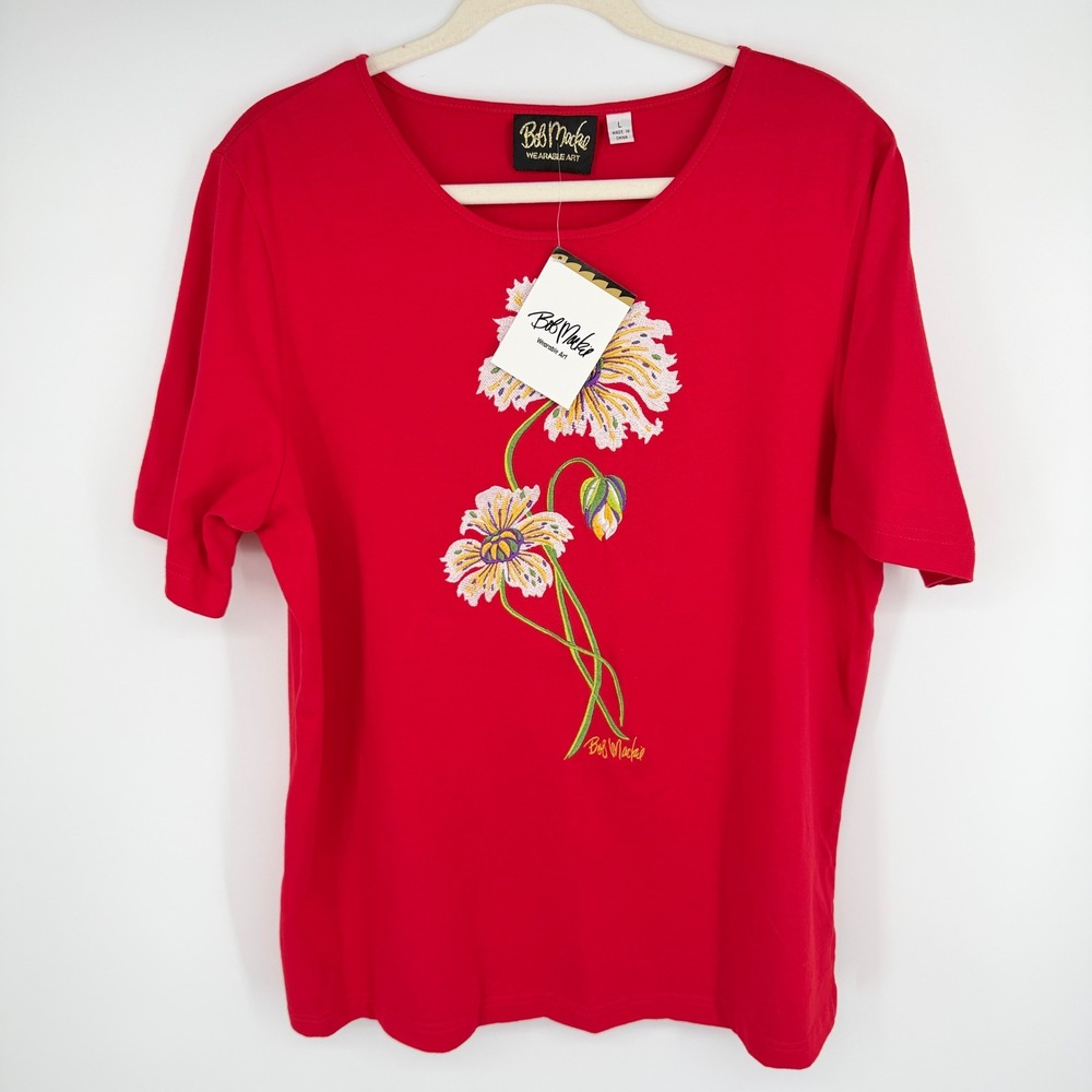 NEW Bob Mackie Wearable Art Embroidered Tee Shirt Womens Large Red Floral Cotton